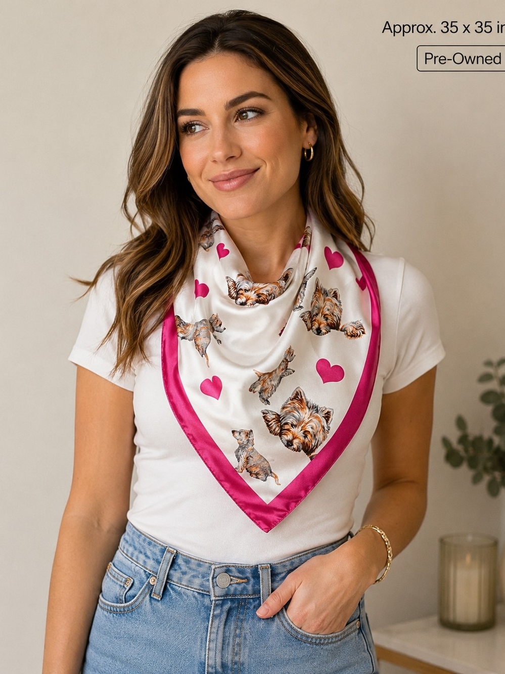 Silky White & Pink Dog Print Bandana Scarf